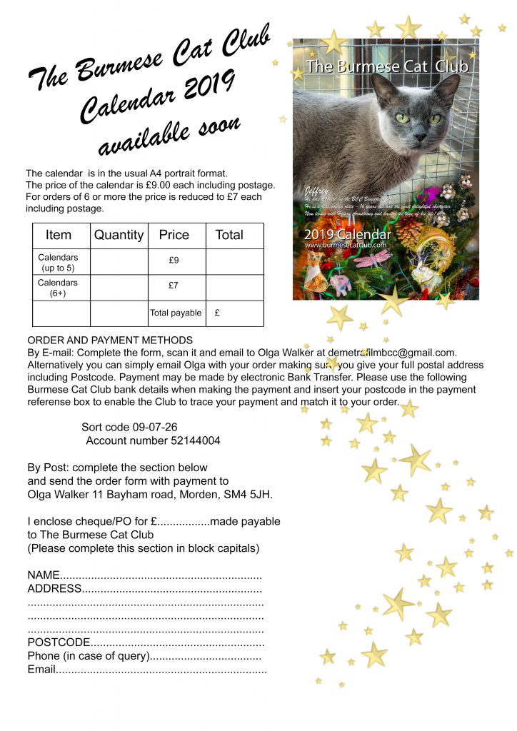 Burmese Cat Club Calendar Order Form 2019 Burmese Cat Club